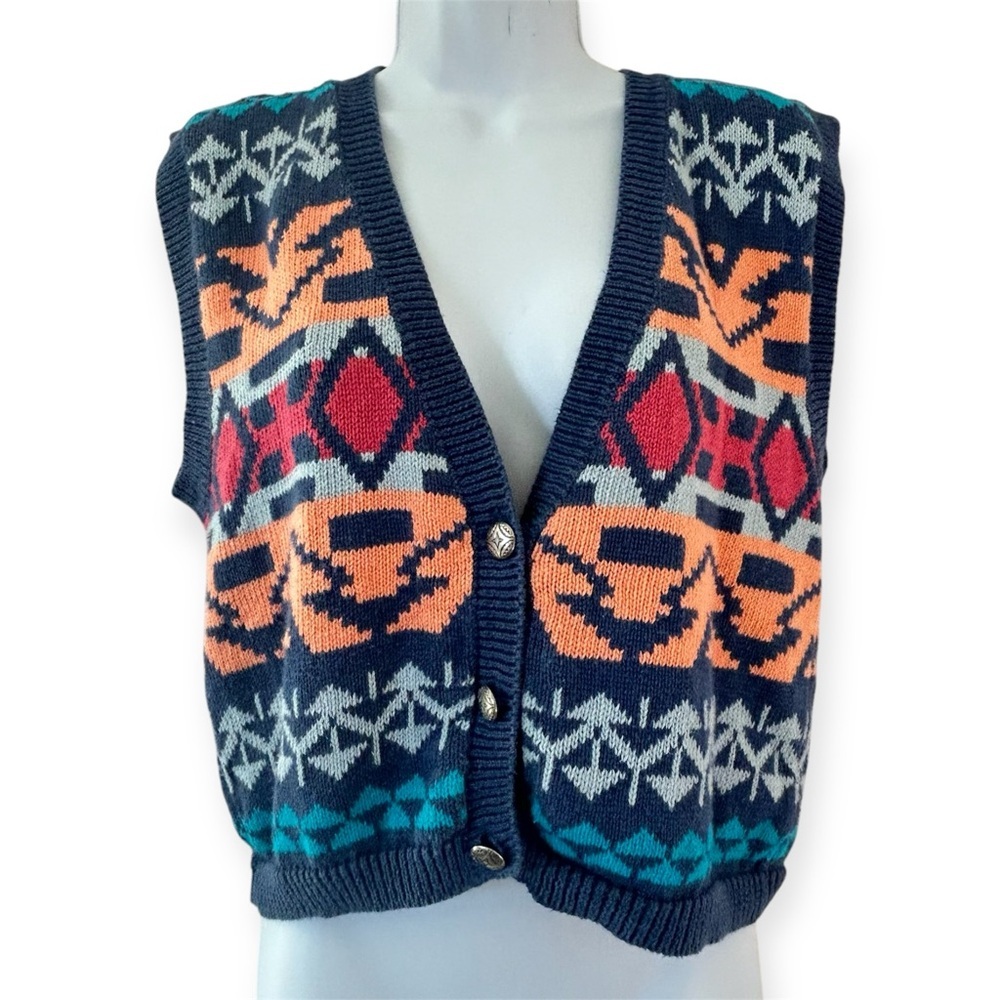 NUOVO Vintage 90's Western Aztec Southwest Sweater Vest Cardigan Size M Ramie